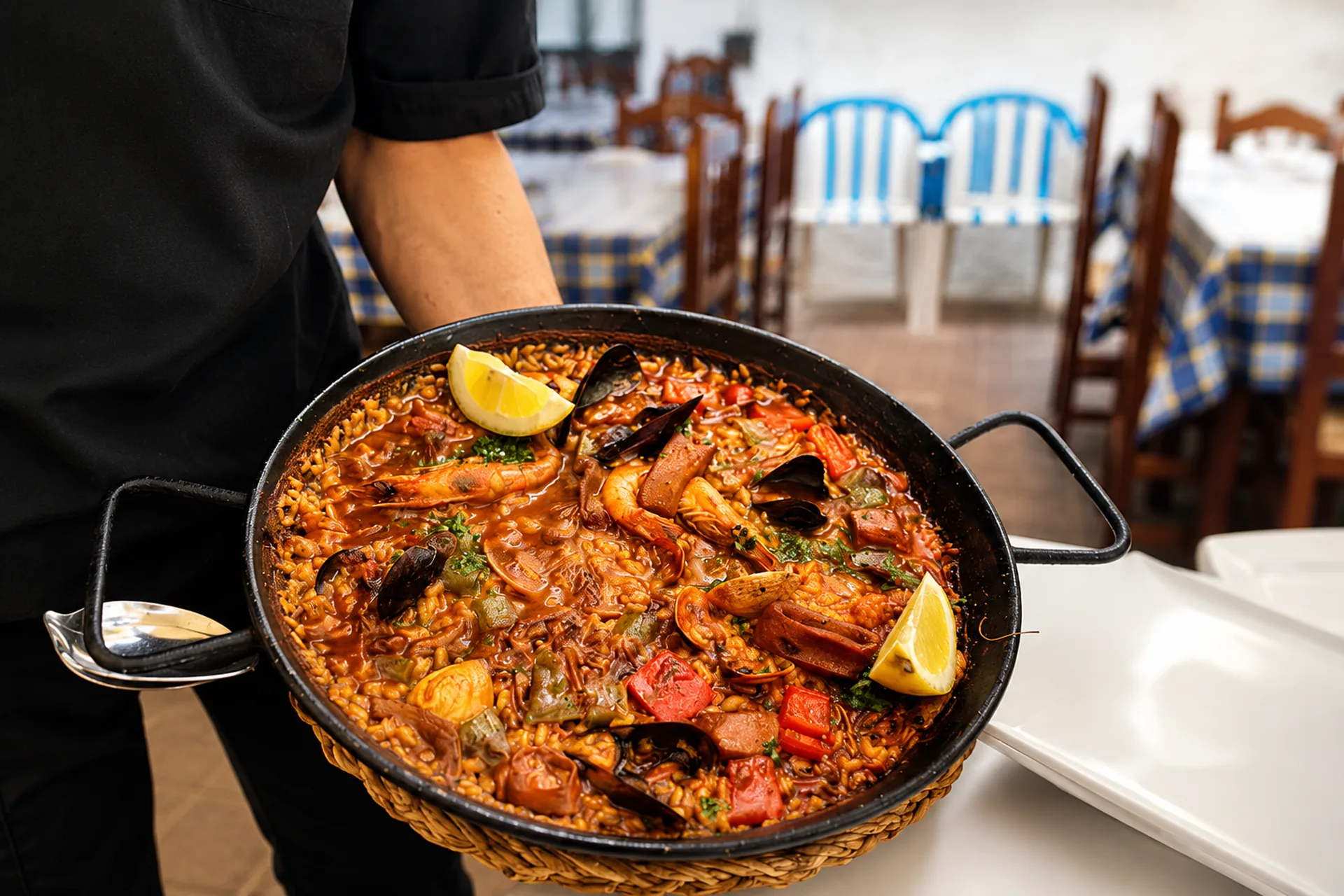 Paella de fruits de mer servie en terrasse chez Tapa a Tapa à Tossa de Mar